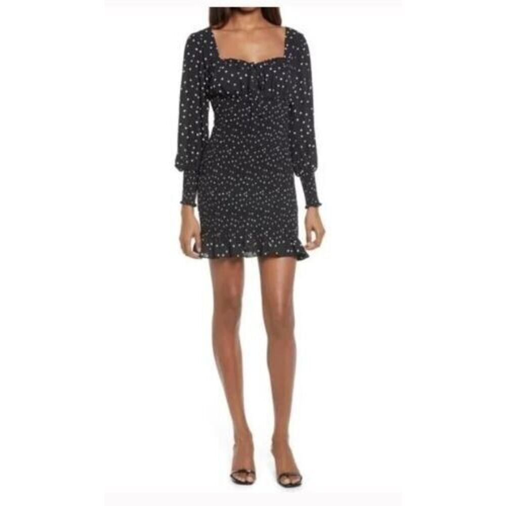 Row A Women's Polka‎ Dot Smocked Long Sleeve Minidress In Black Small MSRP $49